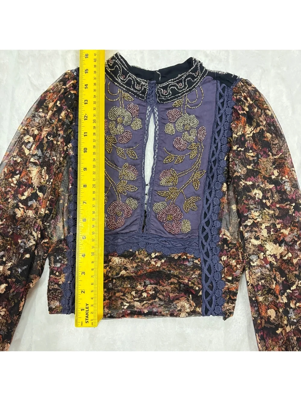 Free People Embroidered Beaded Floral Sheer Sleeve Blouse Women XS Polyester